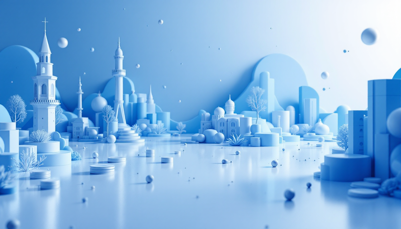 3D illustration depicting US Bitcoin ETFs' volatility with symbolic objects in a futuristic skyline.