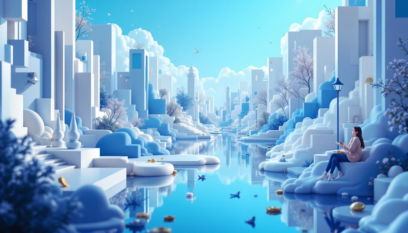 A 3D illustration of Samsung Galaxy phones integrating Solana's USDC in a calm urban setting.