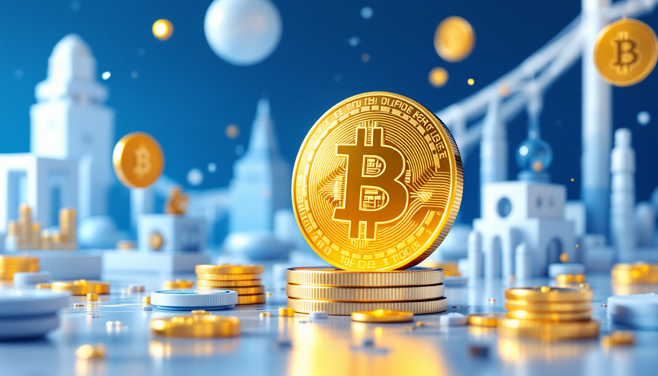 3D illustration of Bitcoin price dynamics, showing urban skyline, soft lighting, and market symbols.