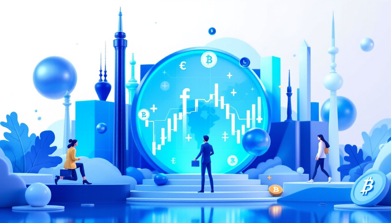 A 3D illustration depicting wealthy investors, cryptocurrencies, and a minimalistic blue skyline.