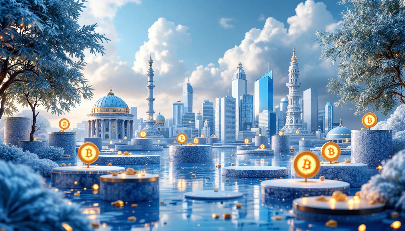 A 3D illustration of El Salvador's Bitcoin commitment, with a blue to white gradient skyline.