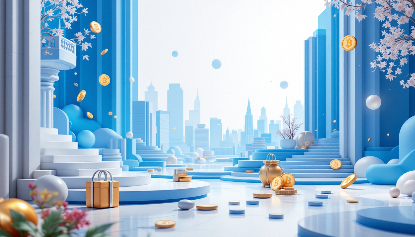 A 3D illustration depicting Binance facing scrutiny from the U.S. DOJ in a futuristic urban setting.