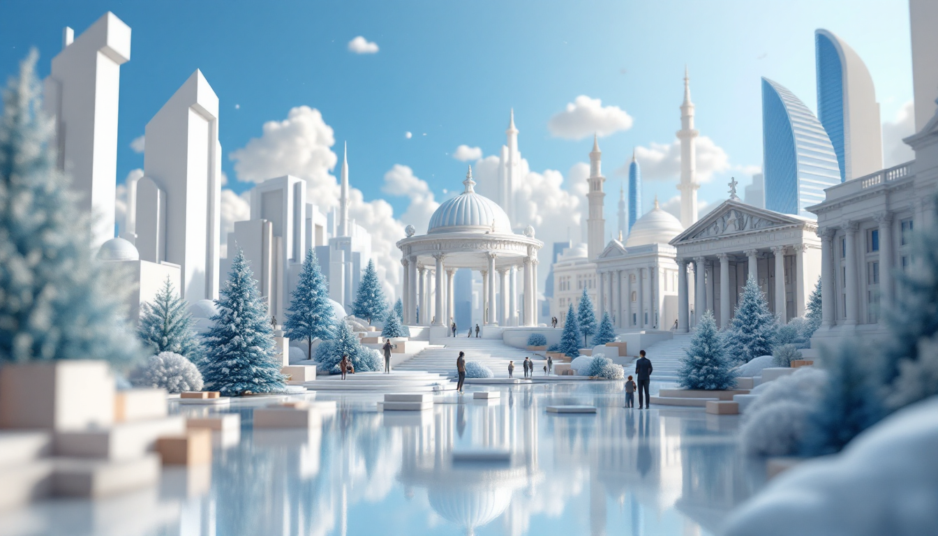 A 3D illustration of XRP price predictions with a blue to white gradient and elegant urban skyline.