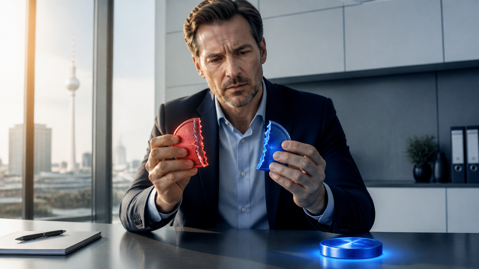 Illustration of a business professional holding a fractured stablecoin symbolizing liquidity fragmentation, with a compliant token nearby, reflecting EU regulation's impact.