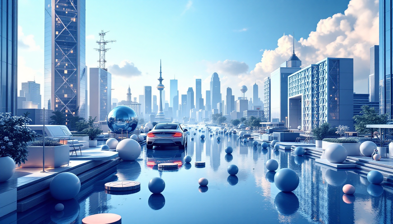 3D realistic illustration of a futuristic urban scene with blue-to-white gradient background.