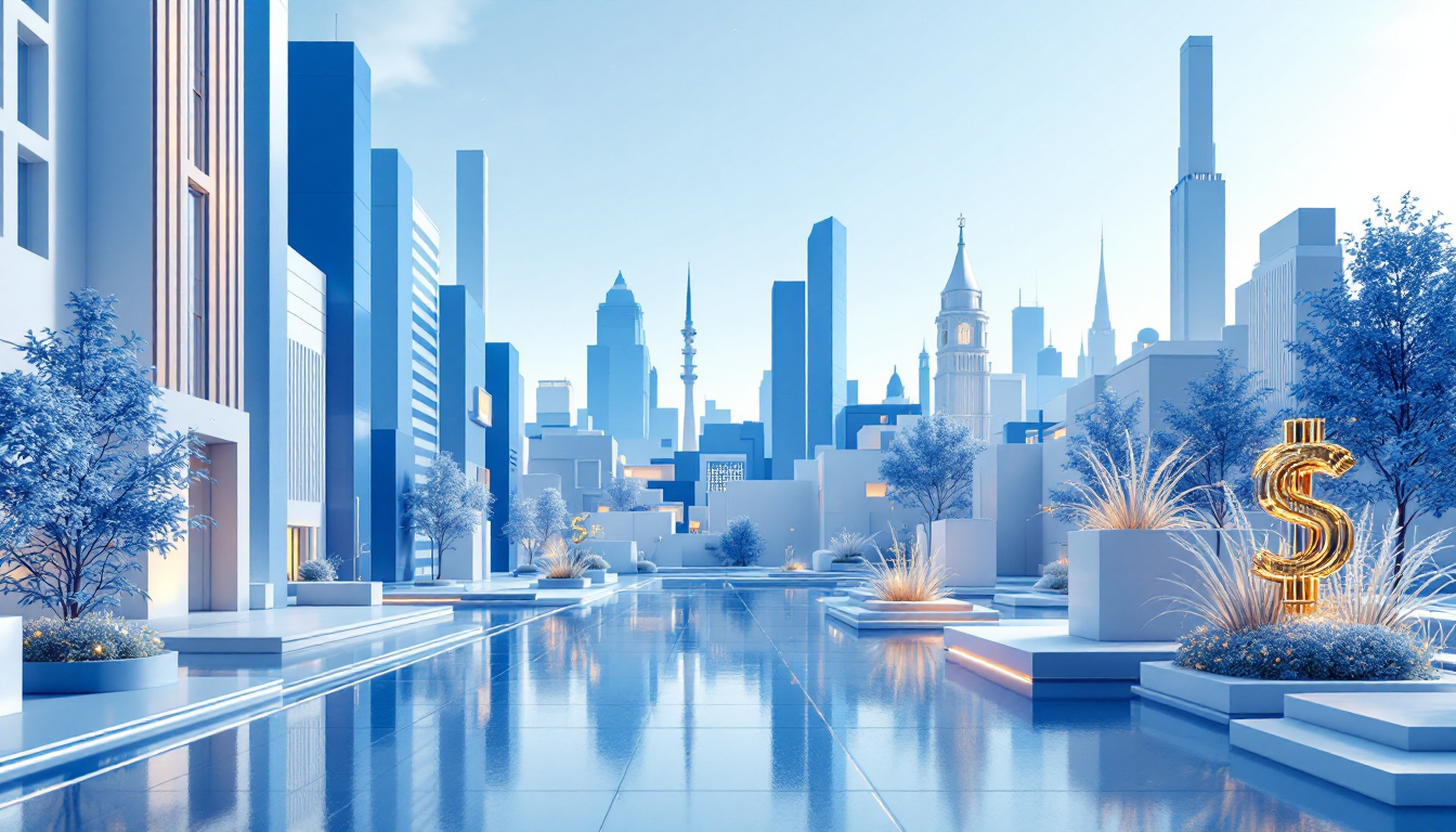 3D illustration depicting a futuristic urban setting with XRP Ledger flowing amidst soft lighting.