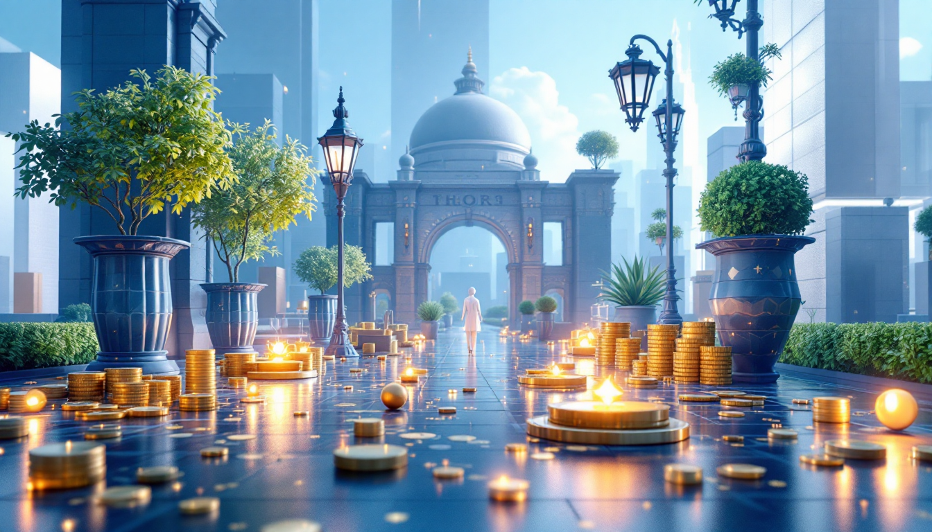 3D illustration depicting a futuristic urban skyline with symbolic elements reflecting DeFi debates.