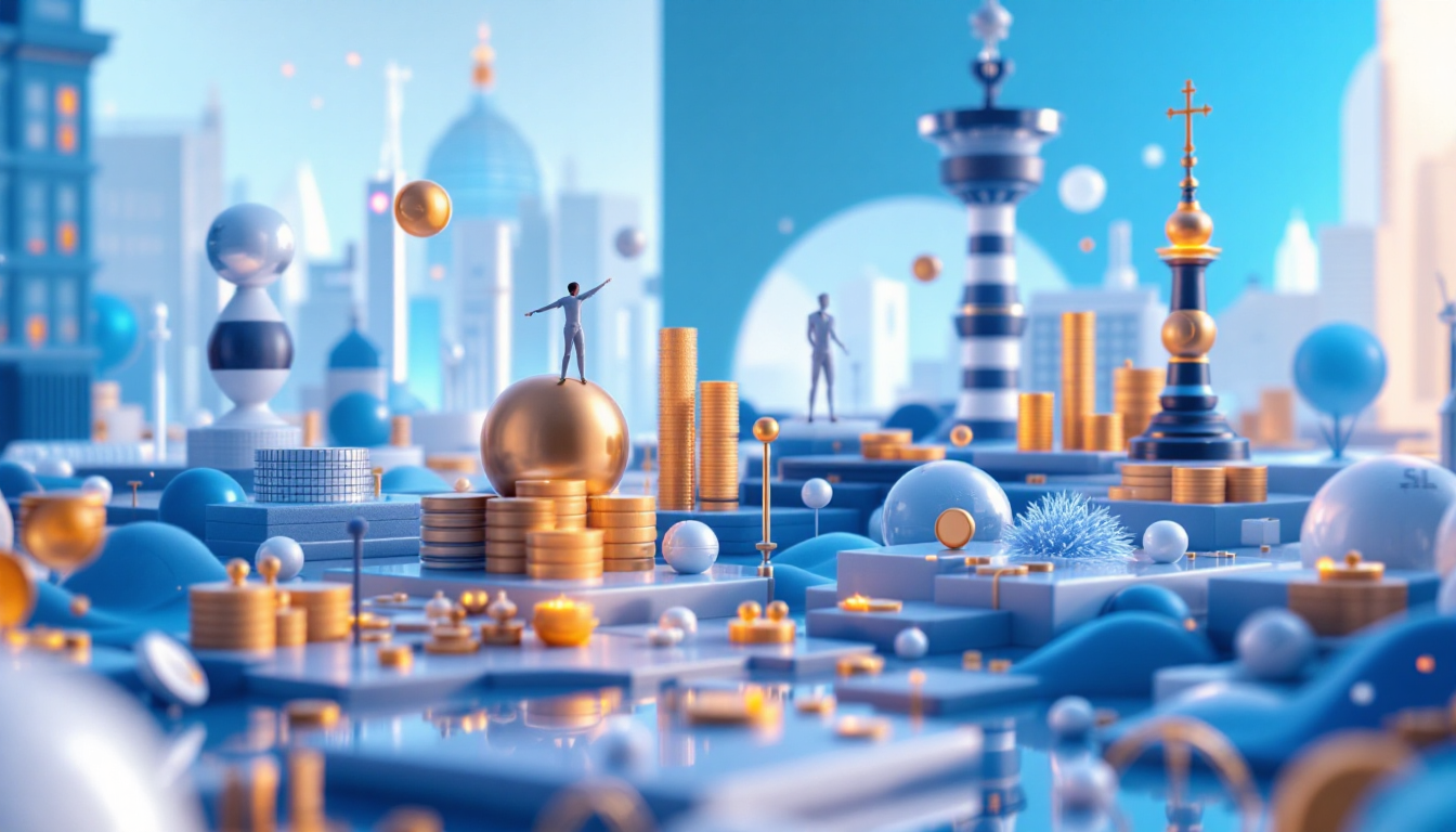 A 3D illustration depicting the Sui DeFi ecosystem with liquid staking and urban skyline elements.