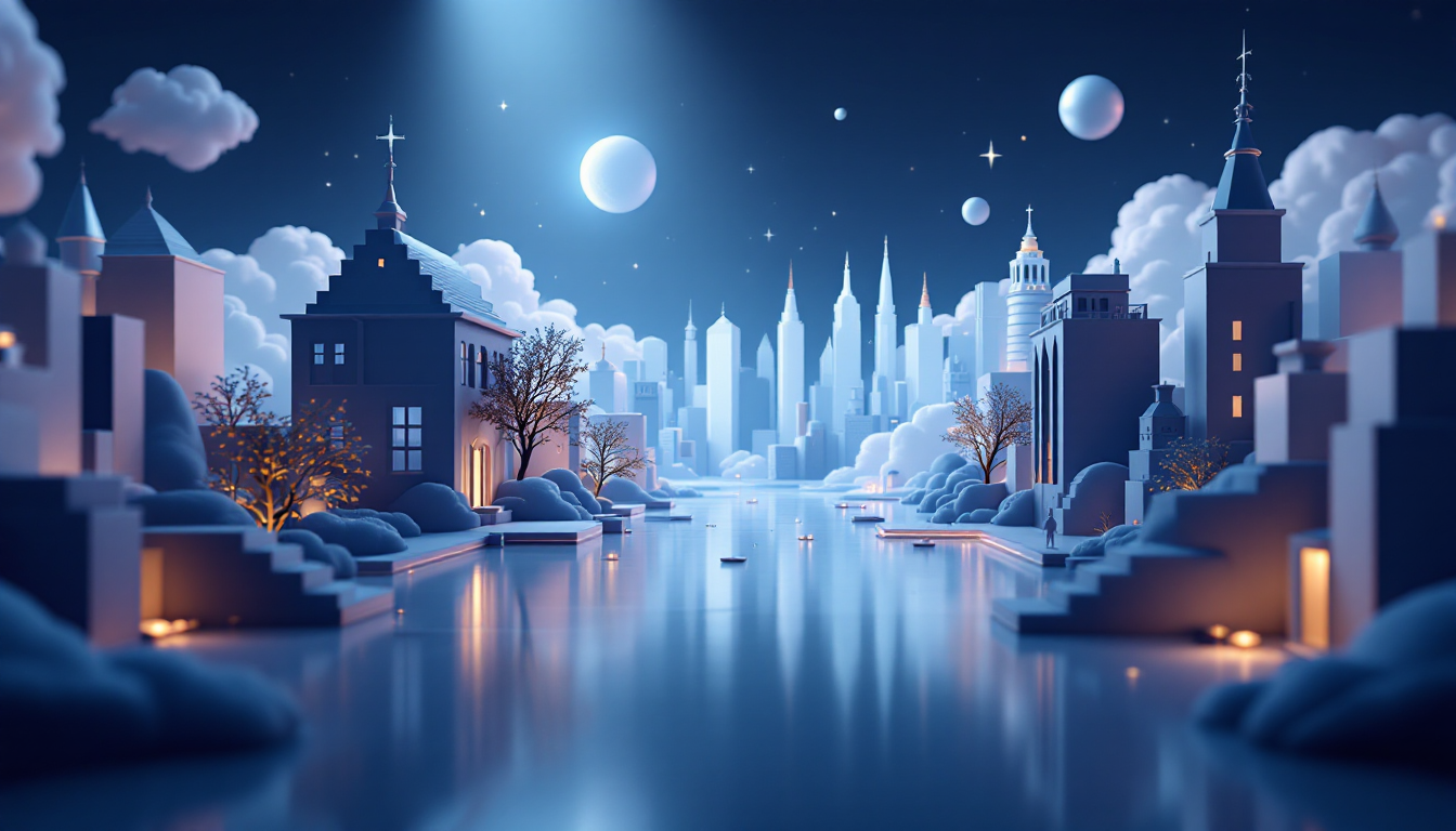 3D illustration depicting economic indicators for cryptocurrency, set in a futuristic urban scene.