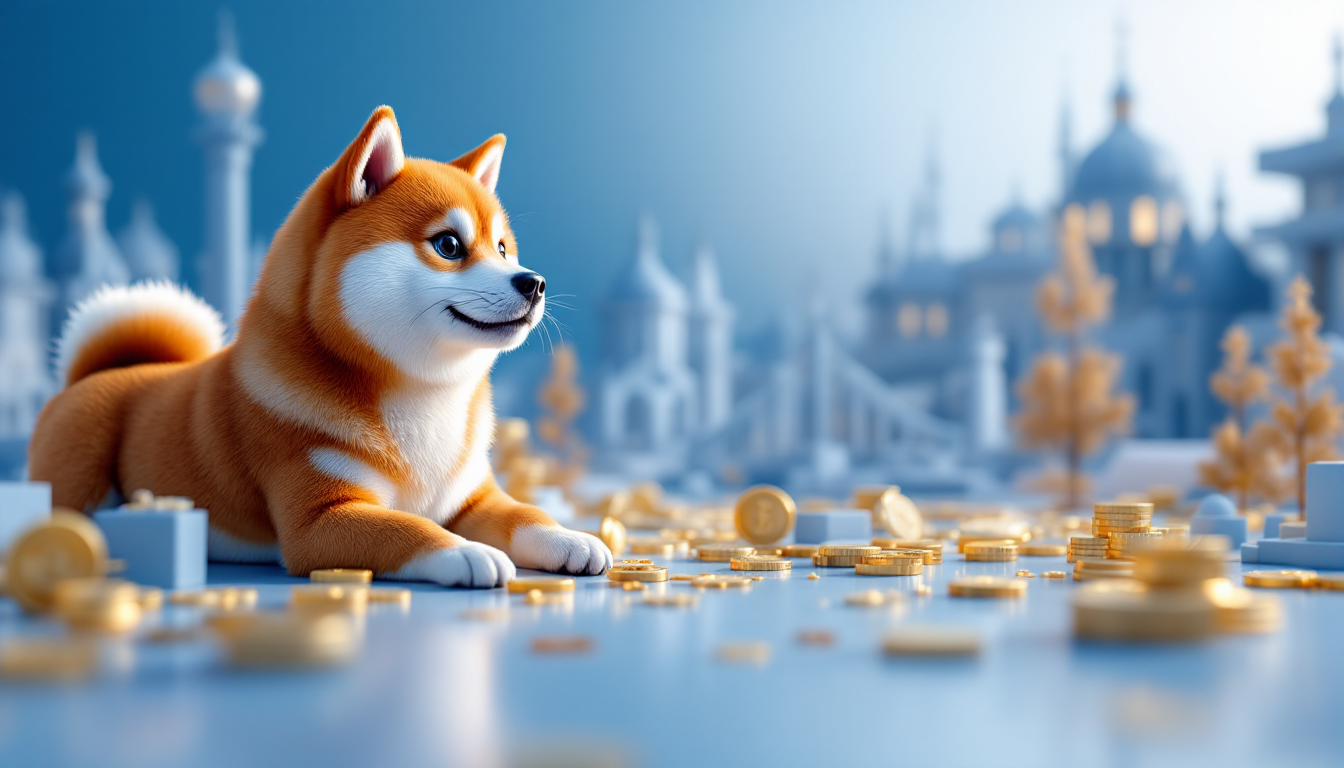 3D illustration of Shiba Inu airdrop scams, with a calm urban skyline in blue and white colors.