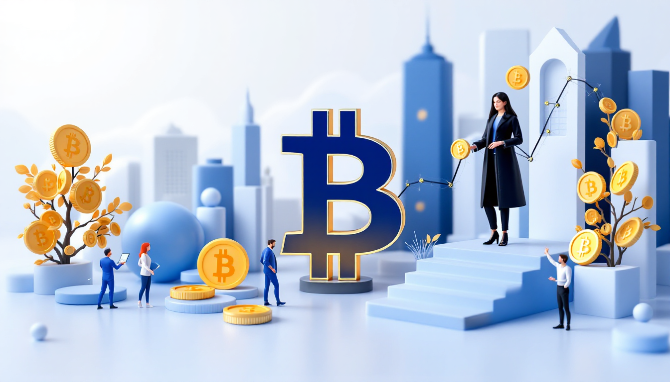 A 3D illustration depicting Bitcoin's decline amidst rising U.S. inflation, with an elegant skyline.