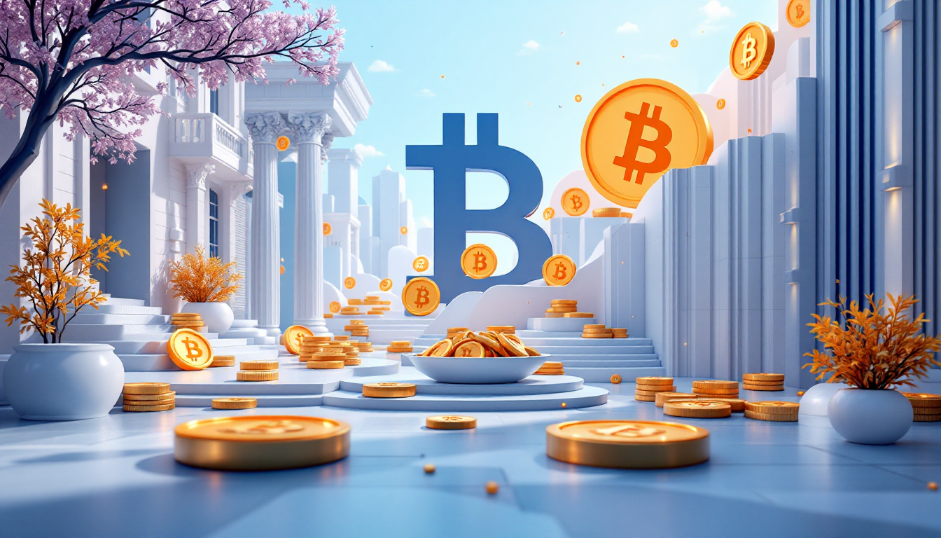 A 3D illustration featuring Bitcoin's price, $82,000 level, ETF flows in a calming urban skyline.