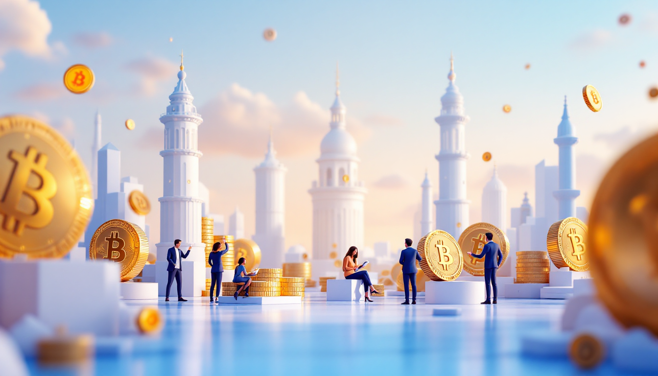A 3D illustration depicting Bitcoin's price near $80,000 with a European skyline in calming colors.