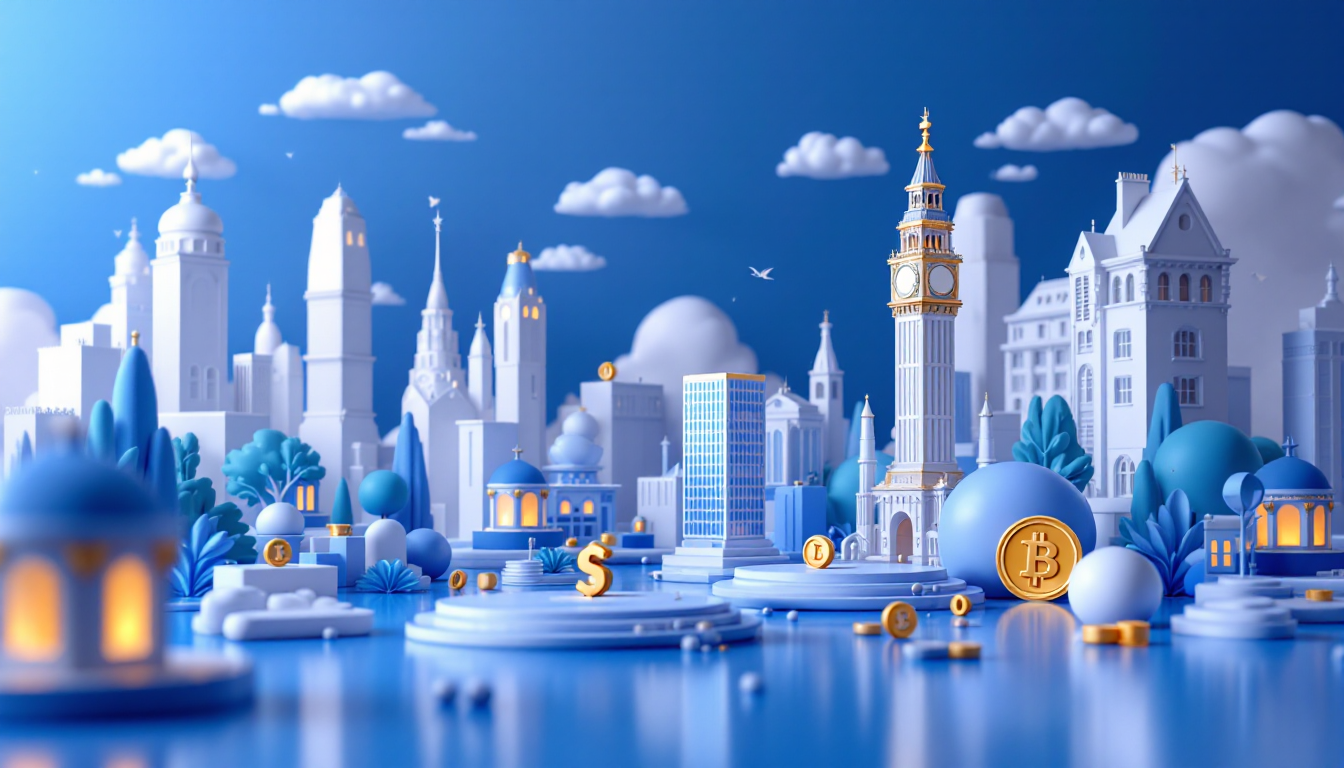 A 3D illustration showing Dogecoin's potential with bullish symbols in a futuristic blue skyline.