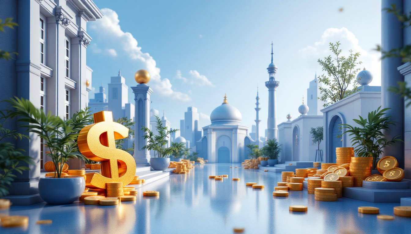 3D illustration depicting cash dividends impacting crypto investing amid a sleek, urban skyline.