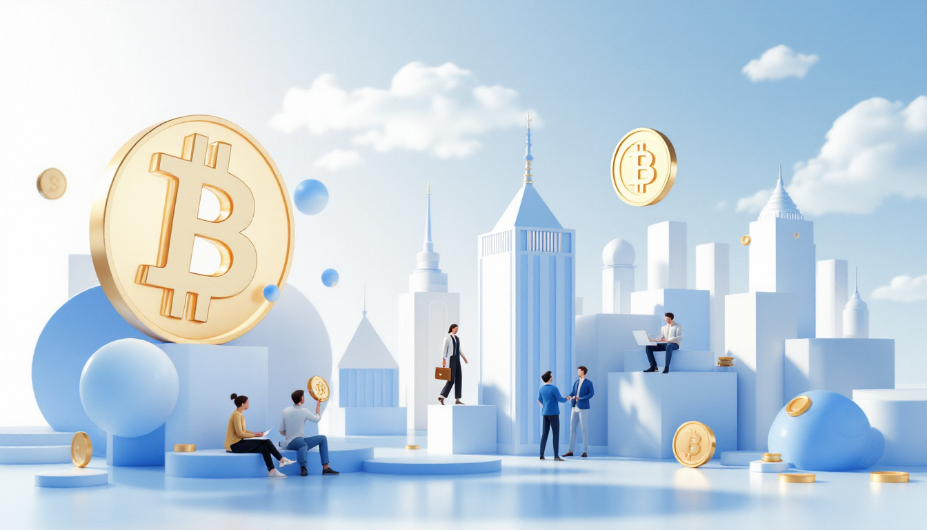 A 3D illustration depicting Bitcoin ETF inflows, featuring a blue to white gradient urban skyline.