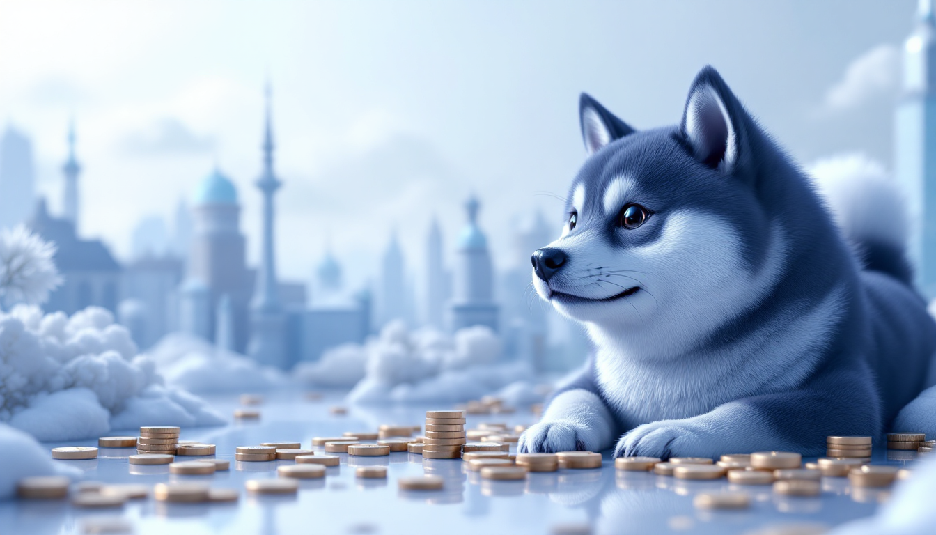 3D illustration of PEPE and Shiba Inu cryptocurrencies against a blue to white gradient background.