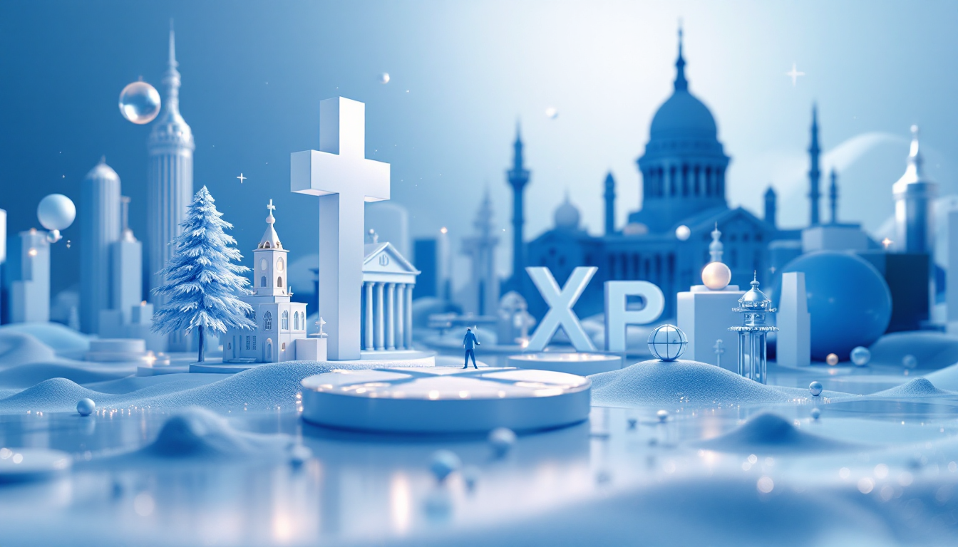 A 3D illustration depicting XRP's price target with a blue to white gradient and urban skyline.