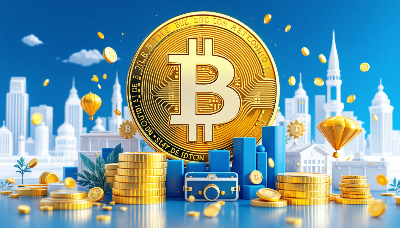 A 3D illustration depicting Bitcoin nearing $81,500, with a calm urban skyline and soft lighting.