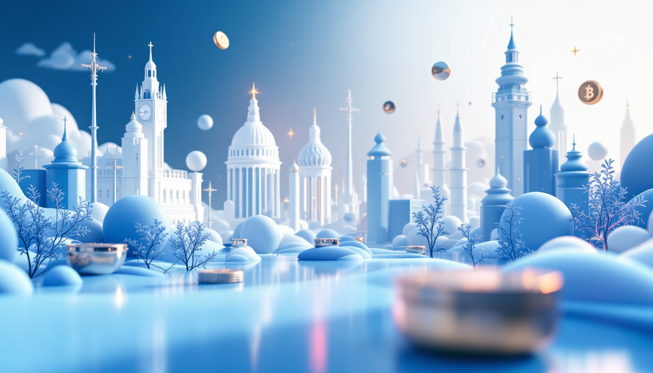 A 3D illustration depicting Bitcoin trading dynamics with a calm blue-white gradient city backdrop.
