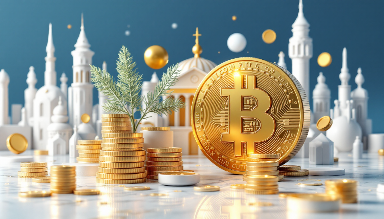 A 3D illustration depicting Bitcoin's impact on finance, with a blue and white gradient background.