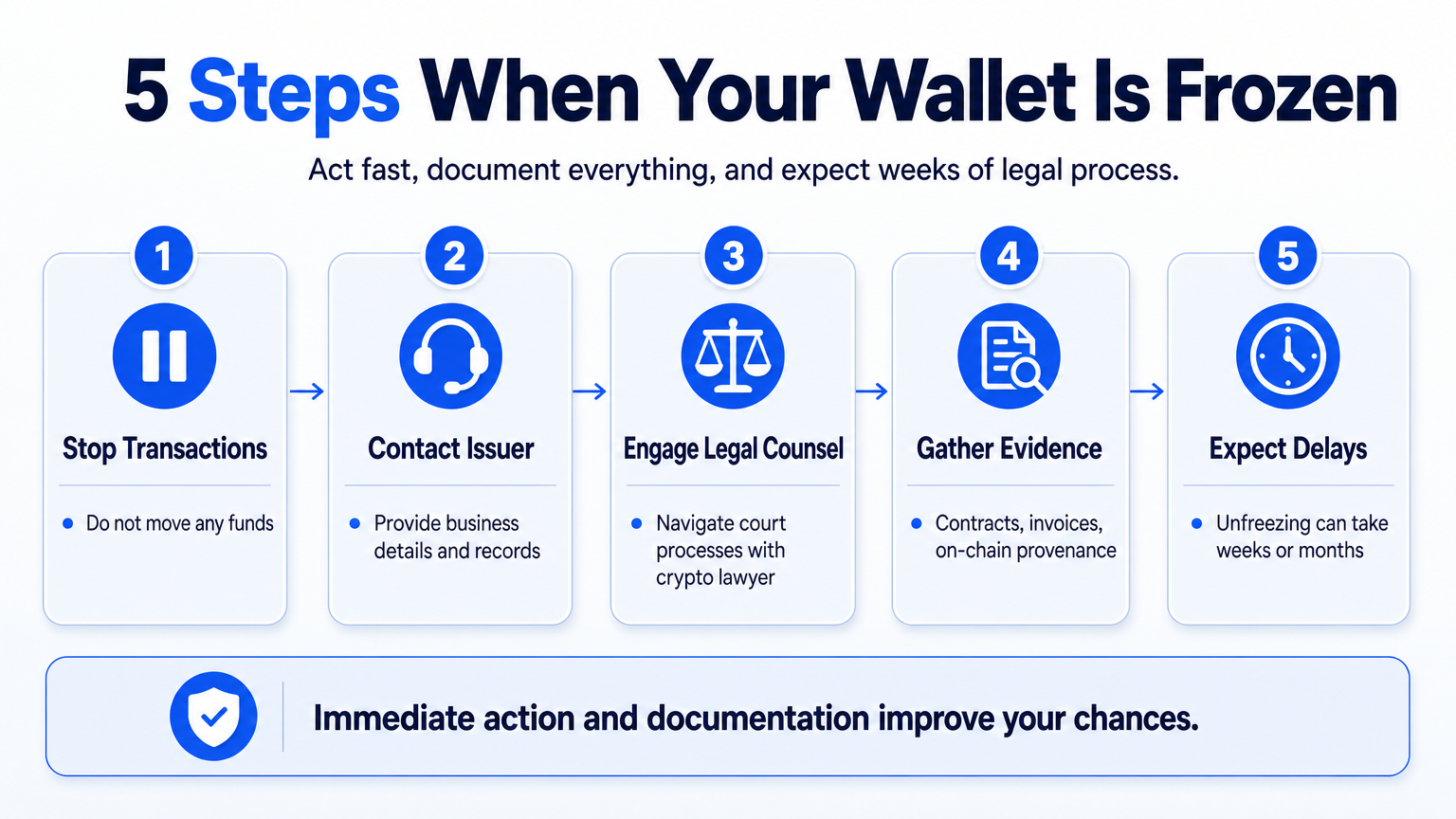 An explainer diagram showing the five-step process when a stablecoin wallet is frozen: stop transactions, contact issuer, get legal help, gather evidence, and prepare for delays.