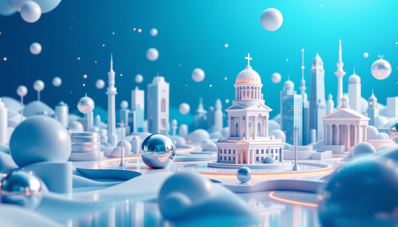 A 3D illustration depicting a crypto market downturn with a calm blue and white gradient background.