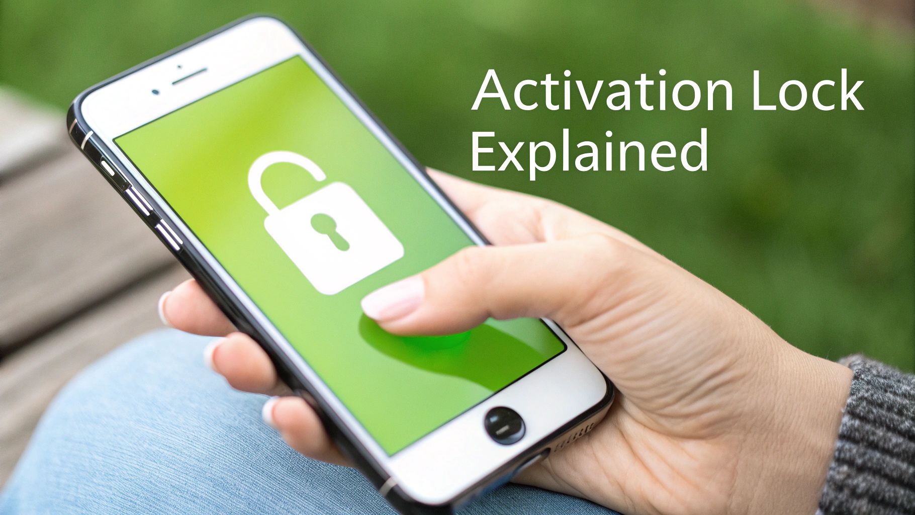 A close-up of an iPhone screen displaying the Activation Lock message, requiring an Apple ID and password.