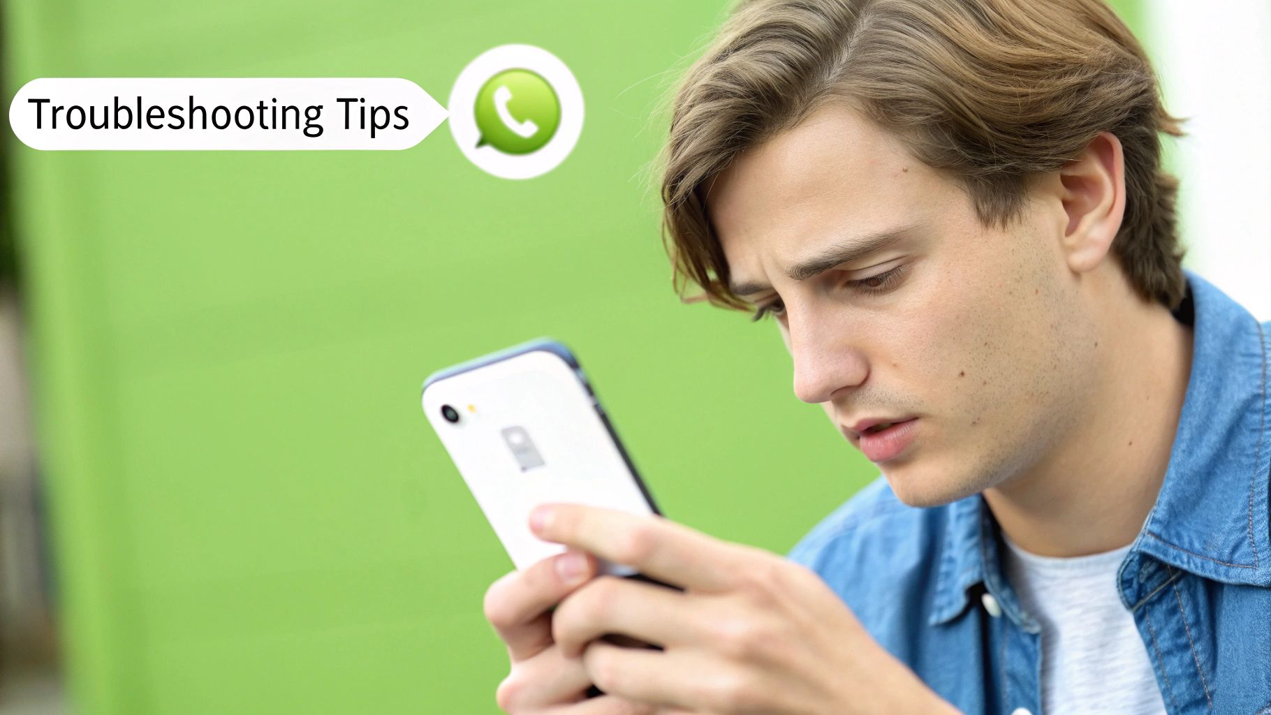 A person holding an iPhone displaying a lock screen, looking concerned.