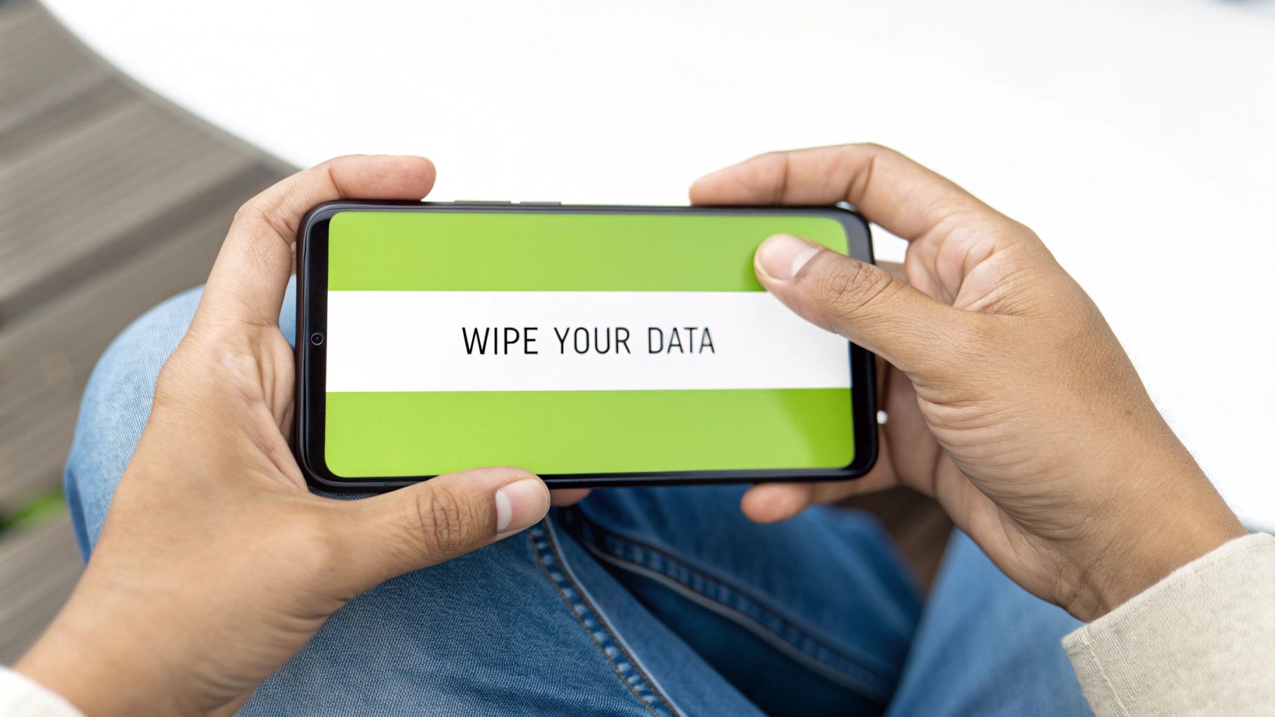 A person holding a mobile phone, preparing it for donation by wiping the screen clean.