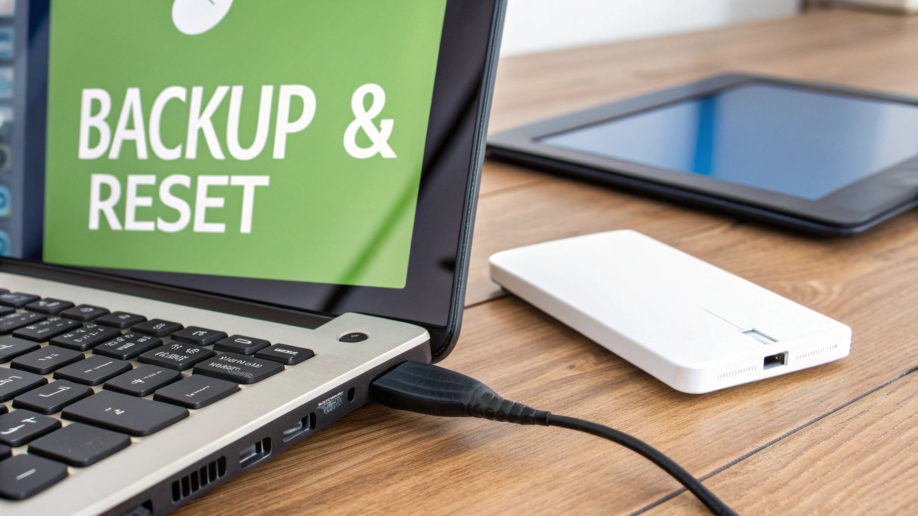 A close-up shot of a person carefully wiping a tablet screen clean with a microfibre cloth, with a charger and cable neatly coiled beside it.