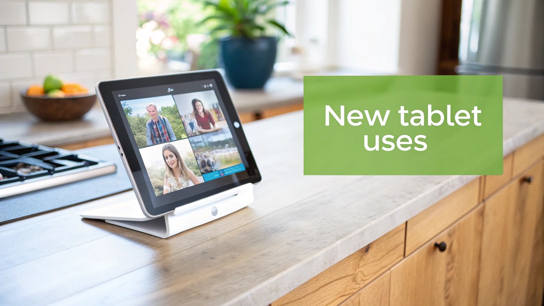 A person holding an old tablet displaying a vibrant family photo, repurposing it as a digital picture frame.
