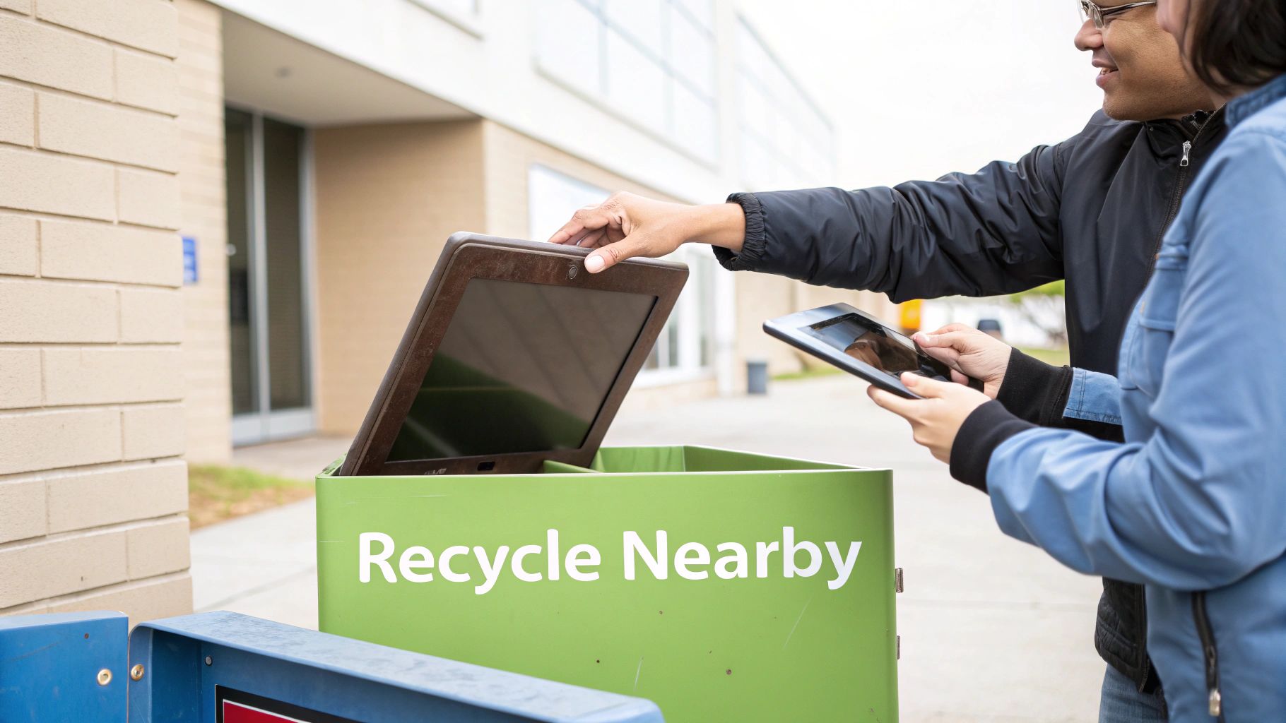 A person's hand placing an old tablet into a designated e-waste recycling bin.