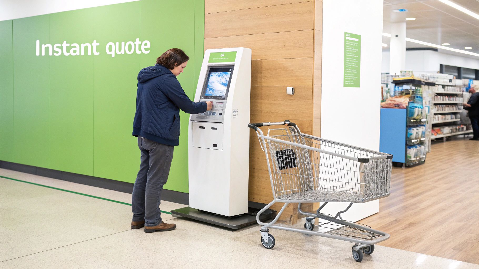 A person using an eco-ATM kiosk inside a supermarket to sell their phone.