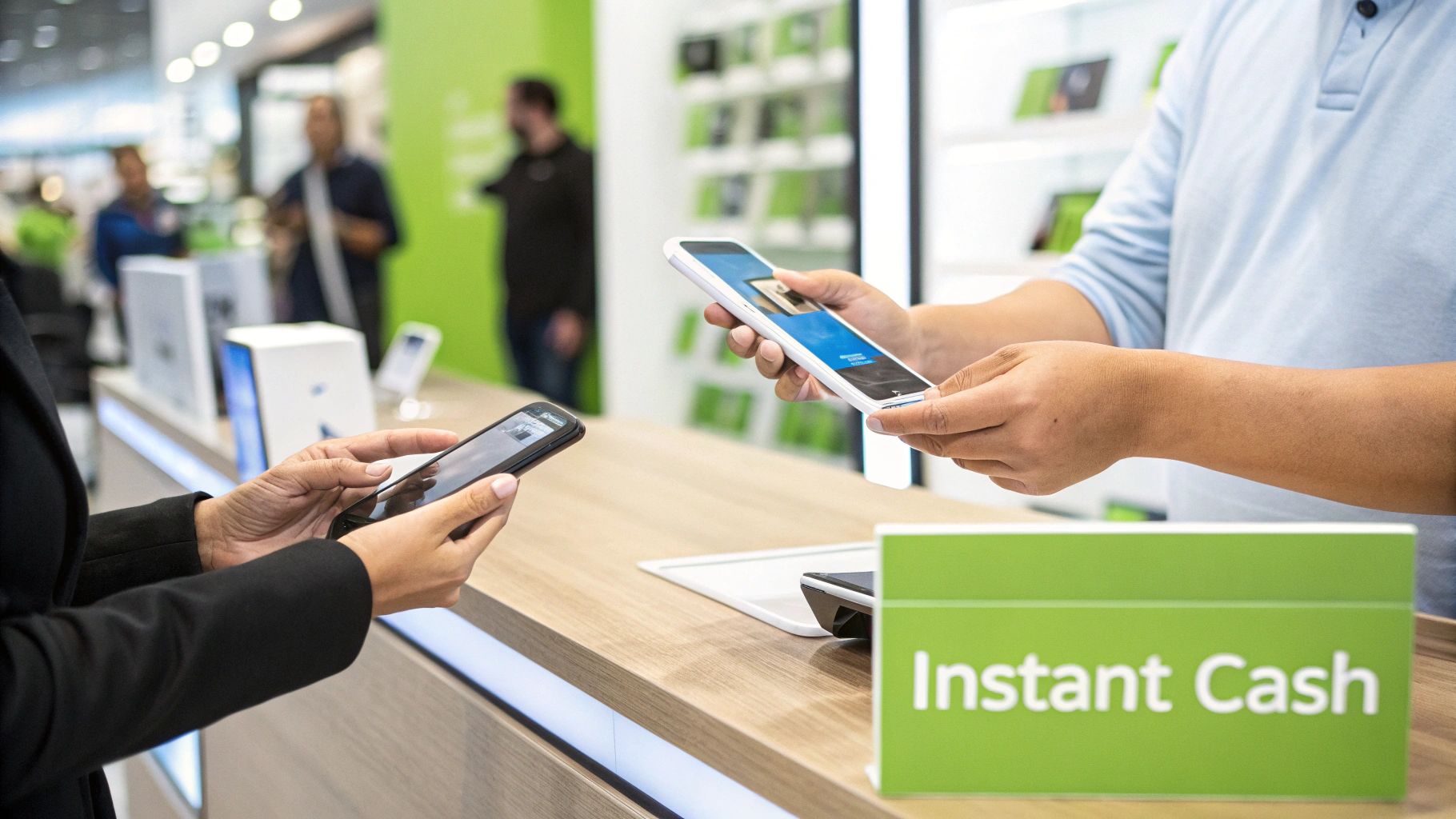 A person holding a smartphone inside a brightly lit tech shop, getting it valued.