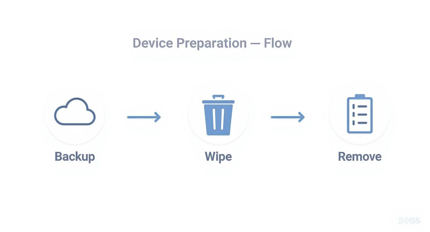Infographic showing the three steps to prepare a device for recycling: Backup data to the cloud, wipe the device, and remove the battery.