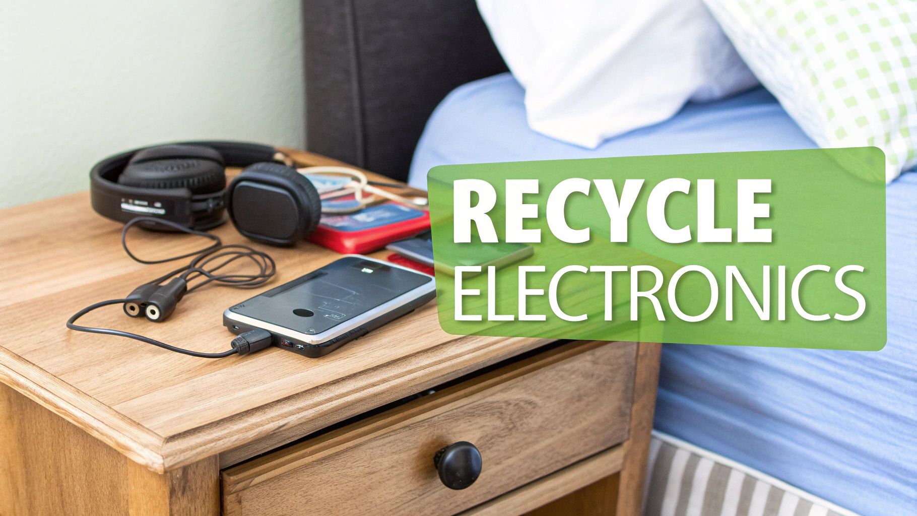 A person holding a handful of small electronic devices like phones and batteries for recycling.