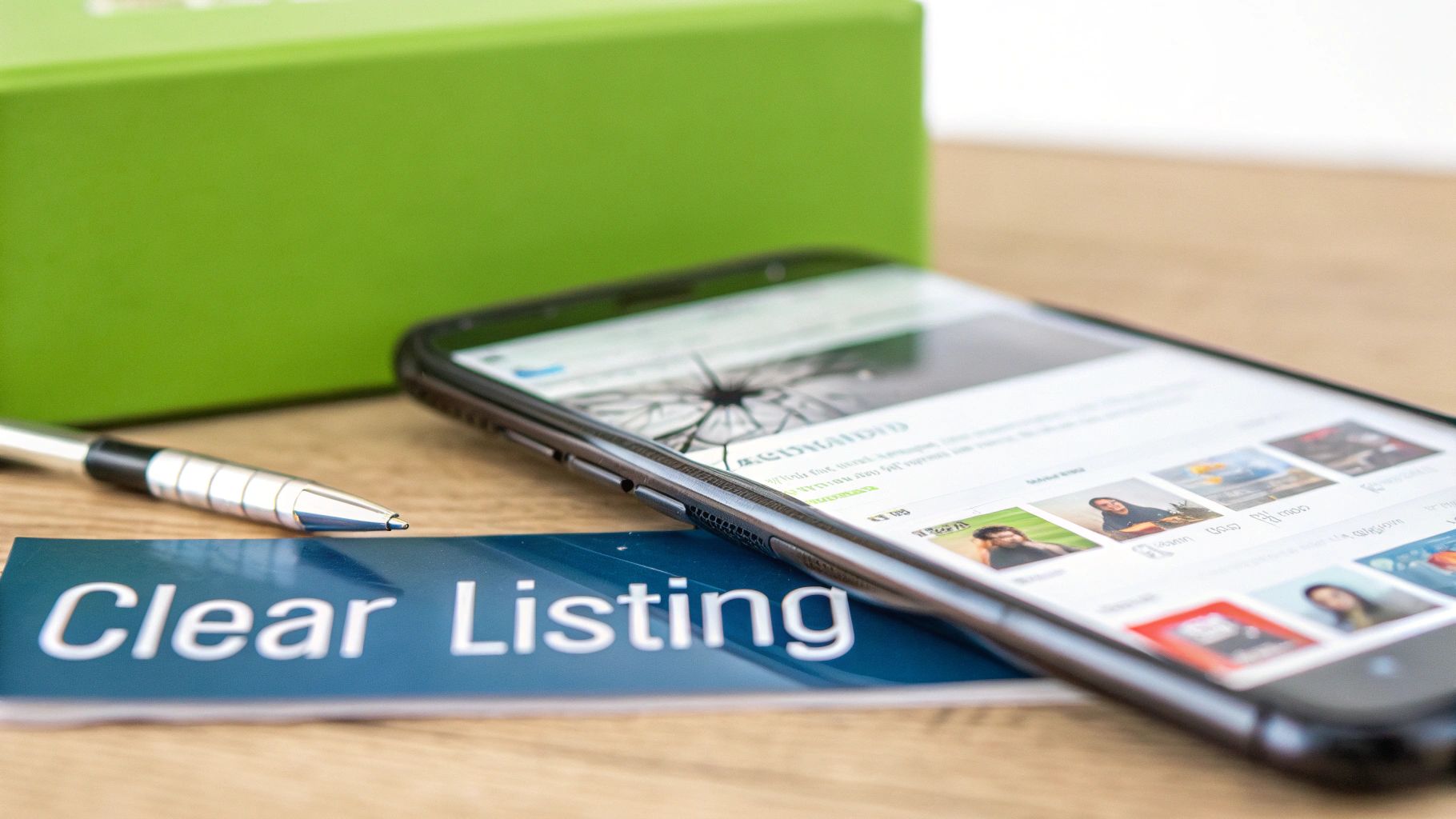 A well-lit photo of a smartphone with a cracked screen being prepared for sale.