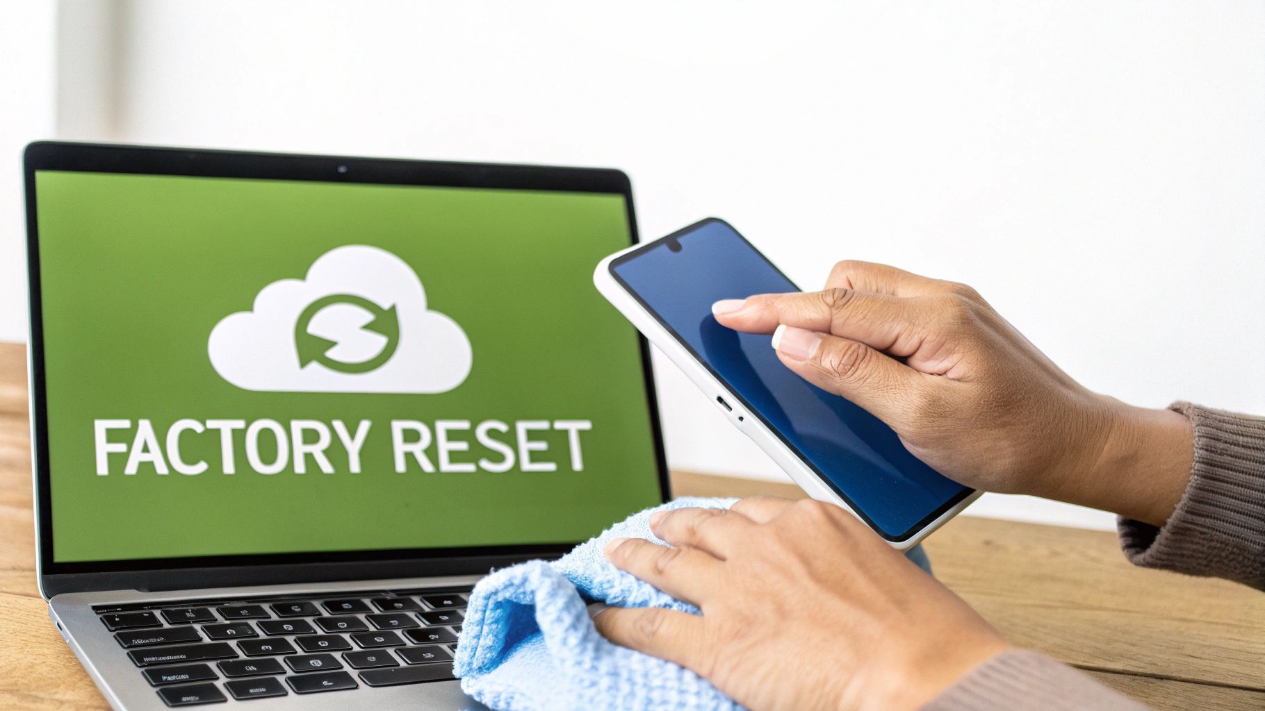 A person wiping a smartphone screen clean with a microfibre cloth, preparing it for sale.