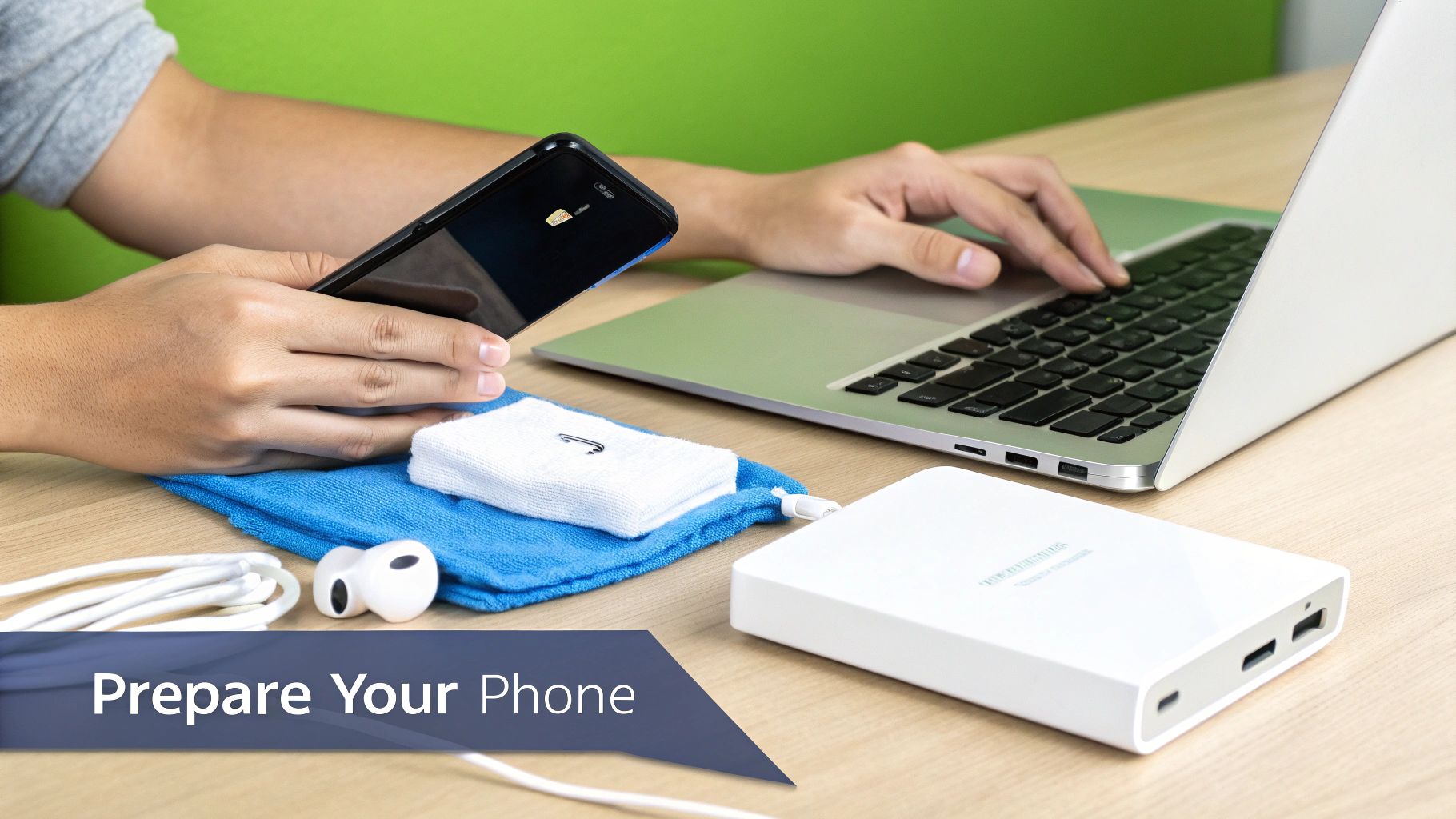 A person carefully cleaning a smartphone screen before selling it.