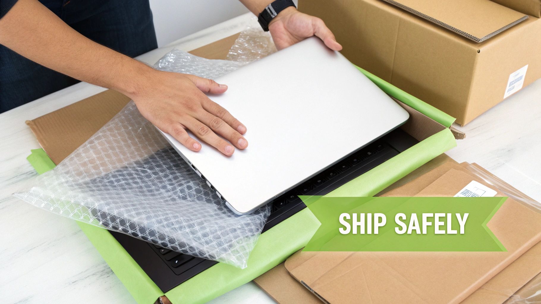A person carefully placing a laptop into a shipping box with protective packaging.