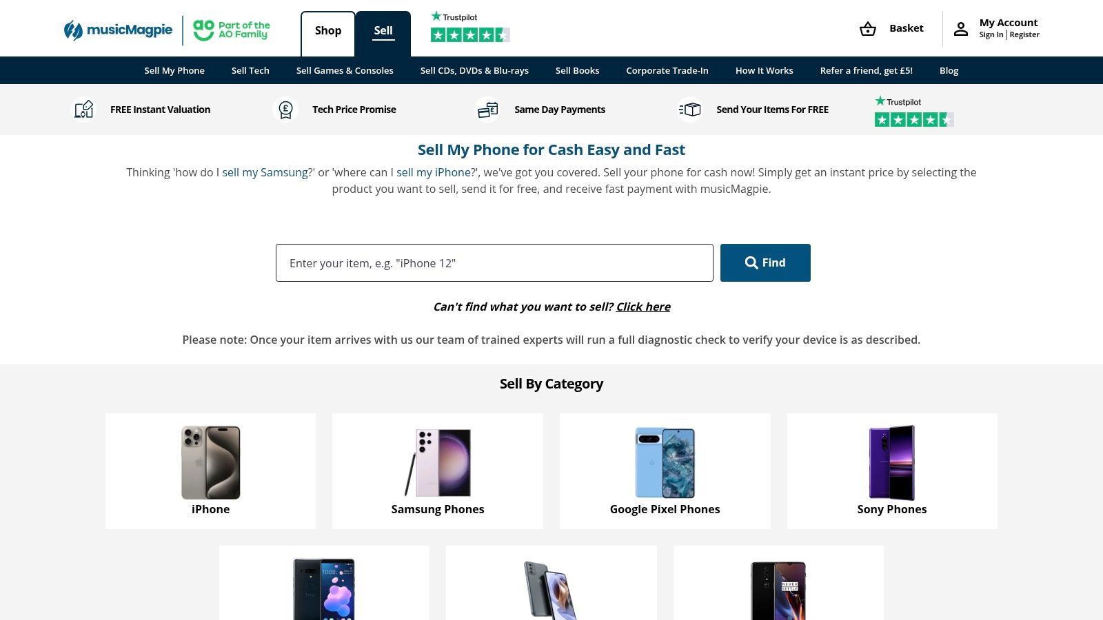 A screenshot of the musicMagpie homepage, showing a search bar to sell phones and tech with a 'Get an Instant Price' button.