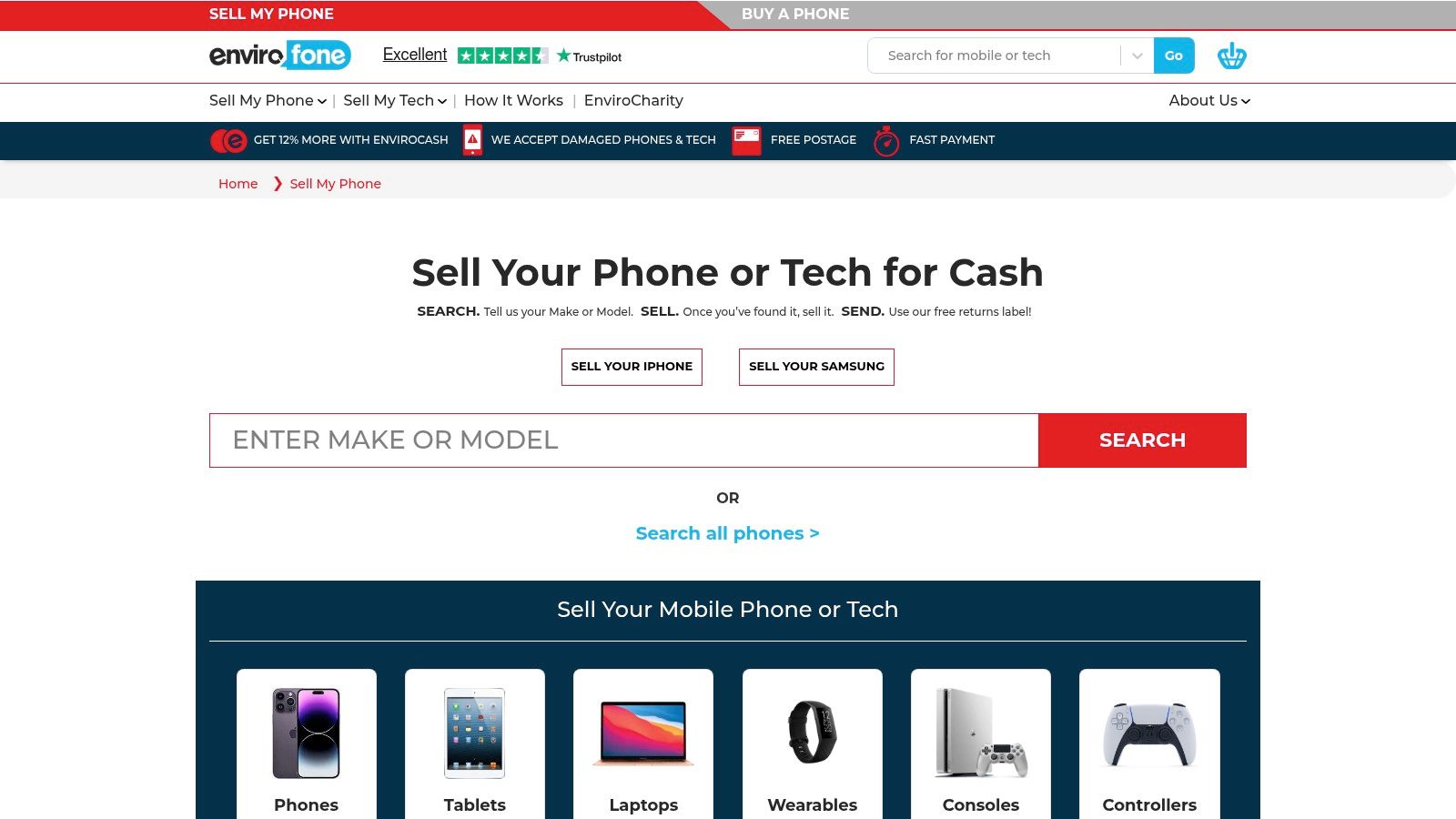 A screenshot of the Envirofone 'Sell My Phone' page, showing options for popular brands like Apple, Samsung, and Google.