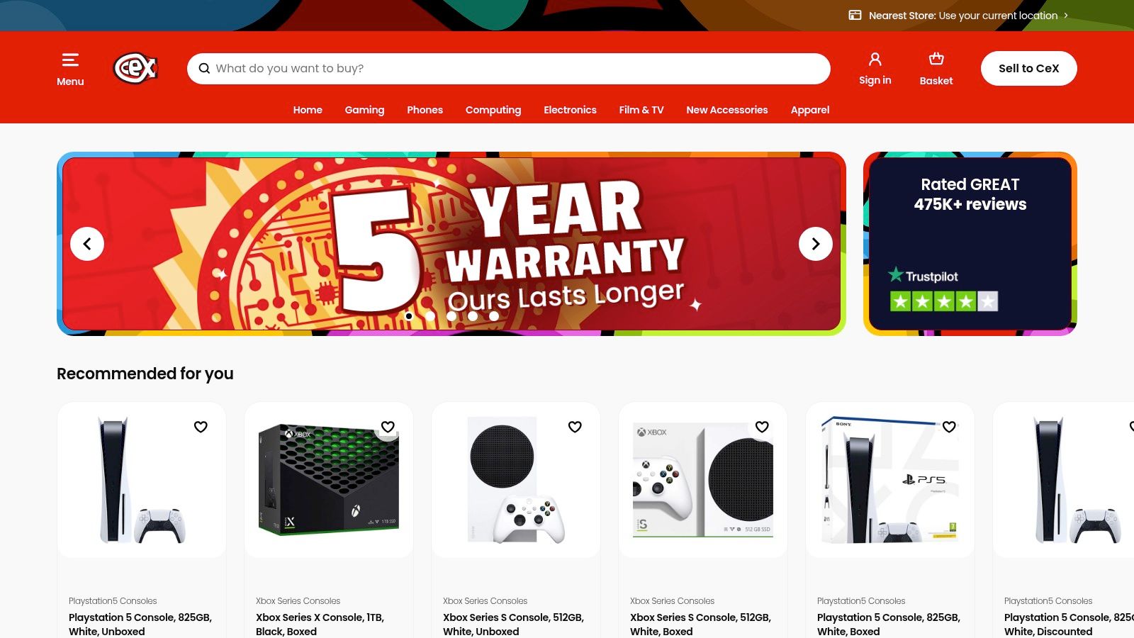 A screenshot of the CeX (weBuy) homepage showing a search bar to sell items, with categories like Phones, Gaming, and Electronics.
