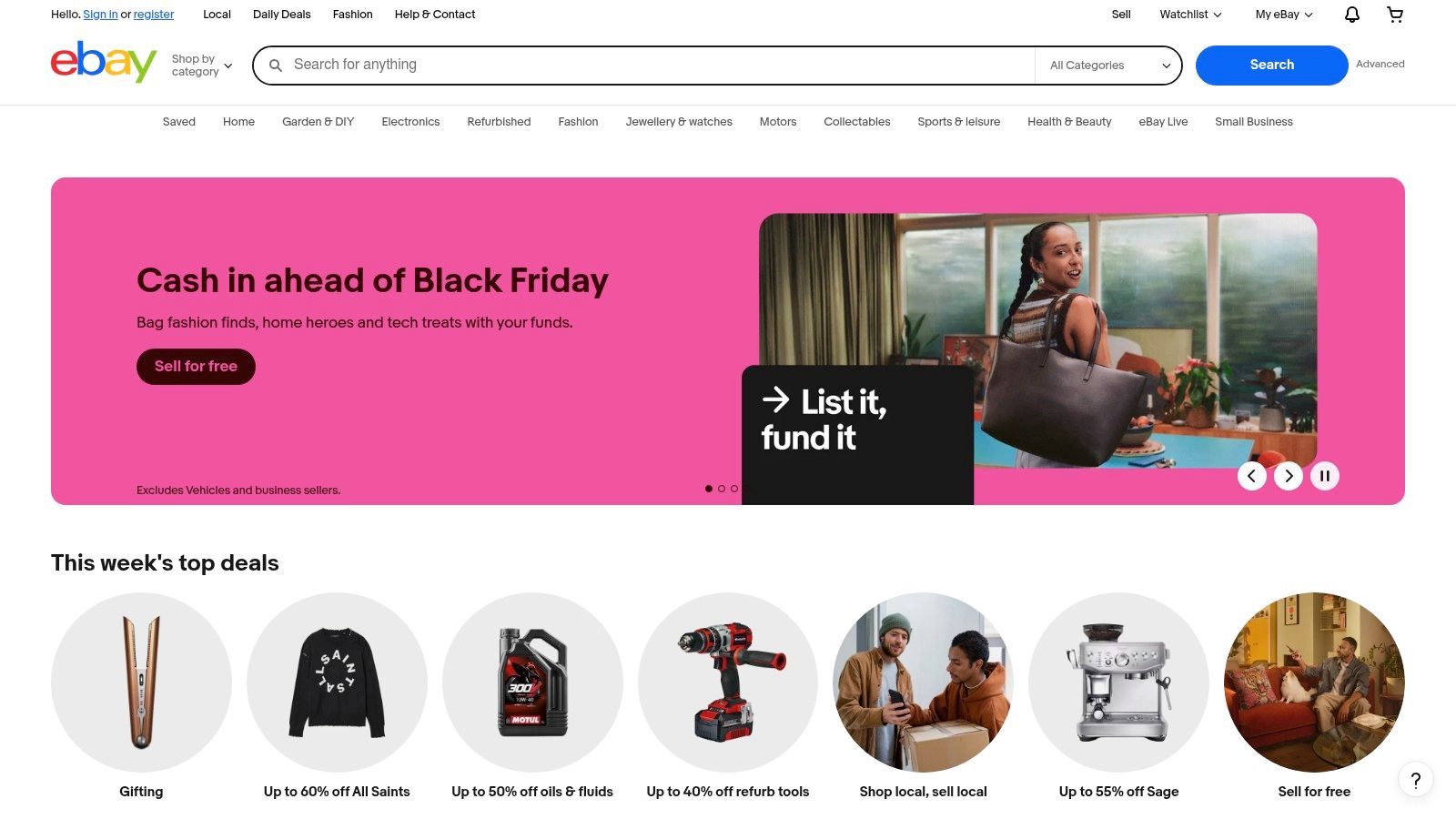 A screenshot of the eBay UK homepage, showing the search bar and various product categories, including mobile phones.