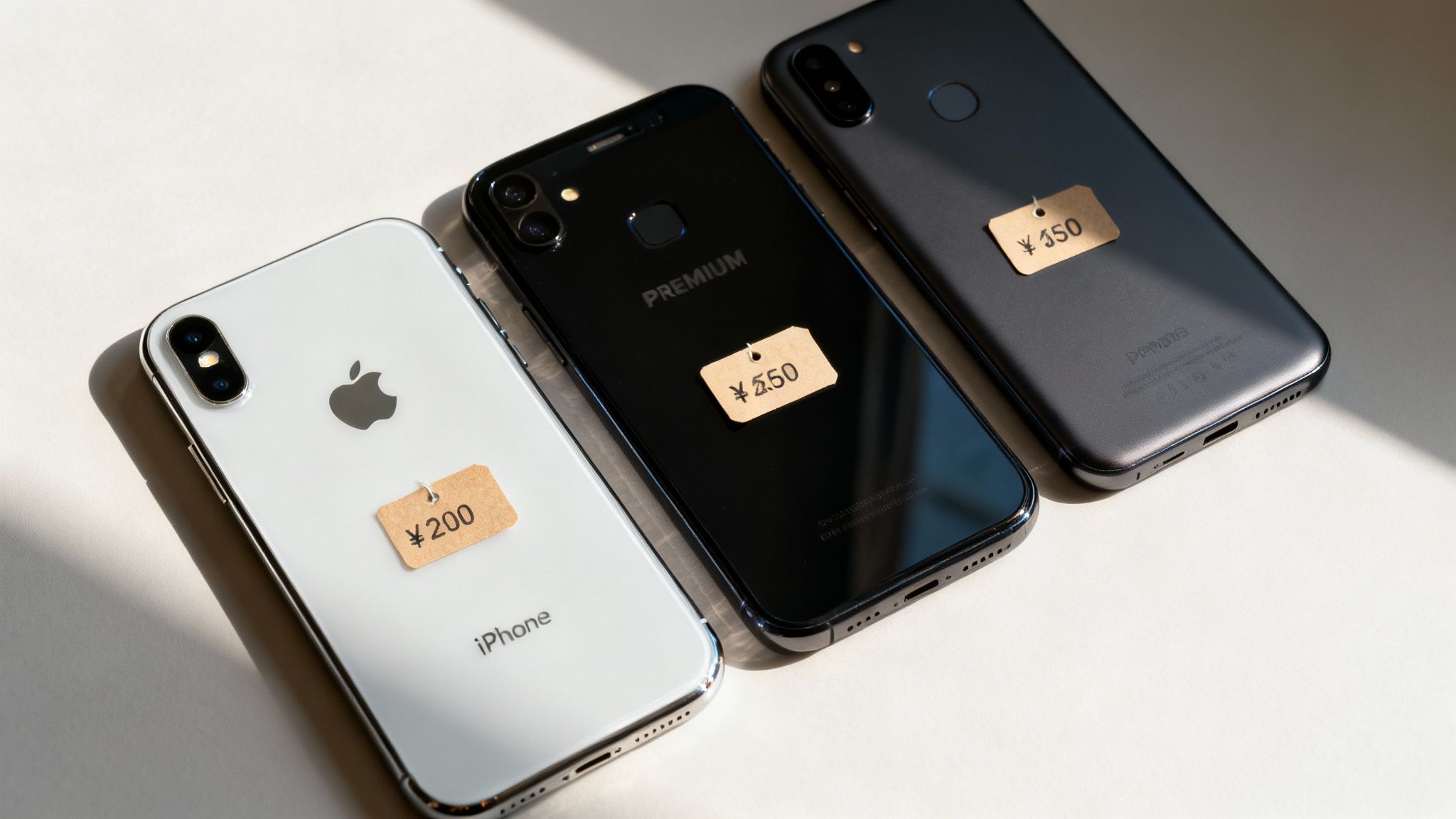 A close-up of different smartphone brands displayed on a table.