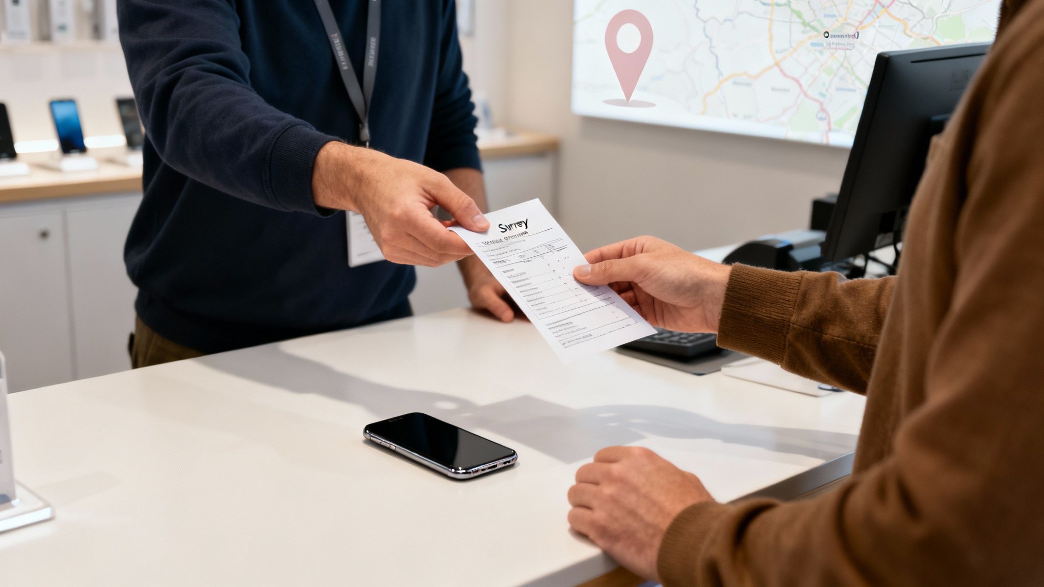 An organised desk with a phone, laptop, and notebook, ready for selling online.
