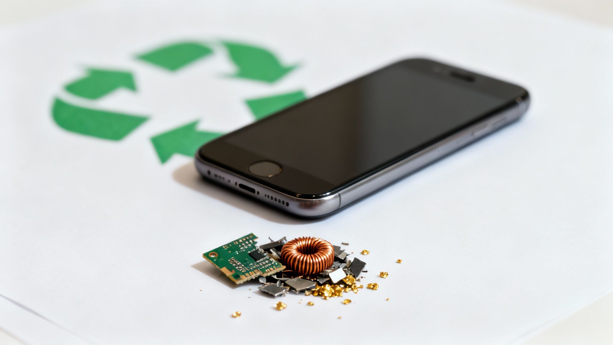 A hand holding a phone over a recycling symbol, illustrating the environmental benefits.