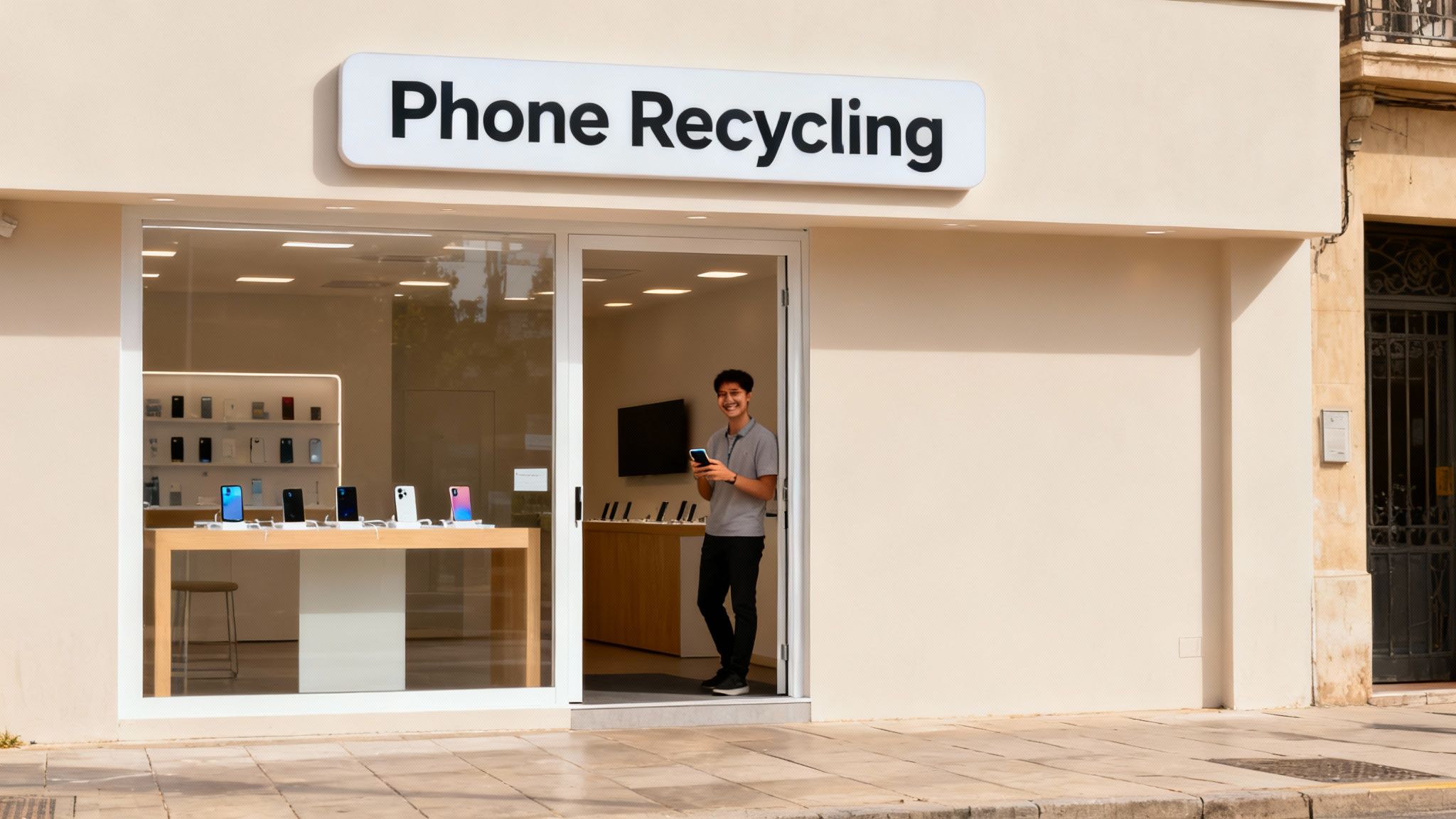 A person at a local shop in Redhill getting face-to-face advice on recycling their phone.