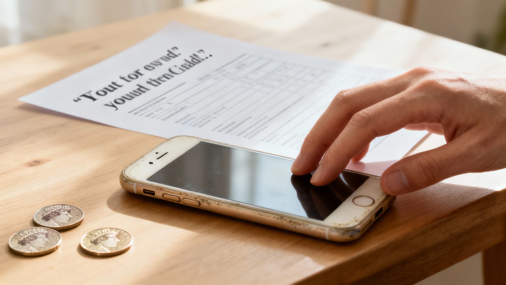A person holding an old smartphone with a cracked screen, considering its value.